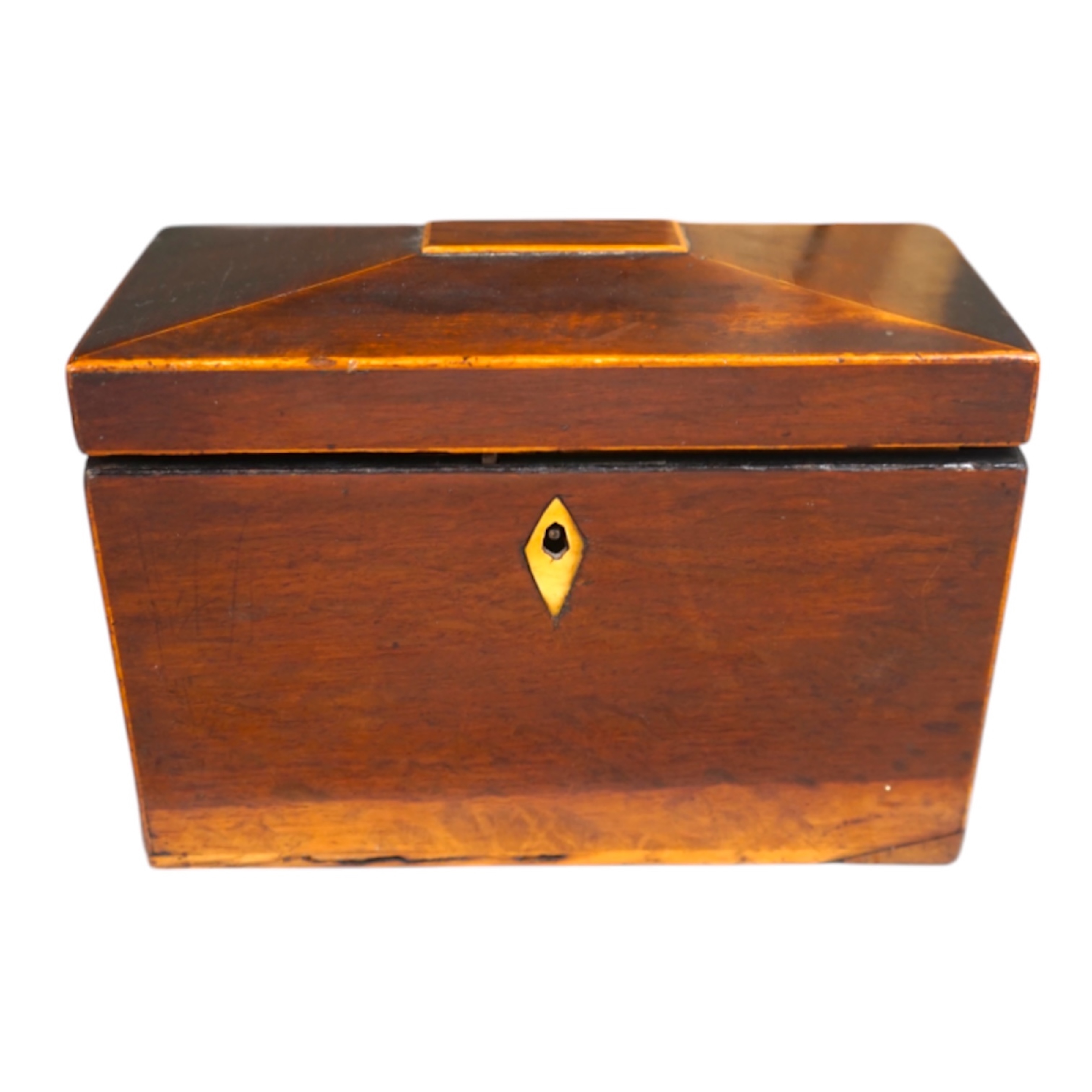 A Regency partridge wood tea caddy, 13cm high. Condition - fair.